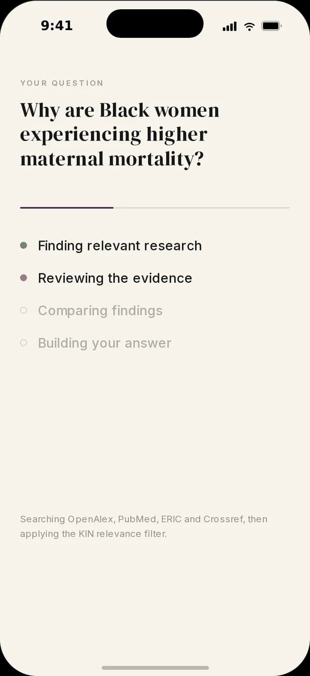 KIN app screen showing progress while it finds relevant research, reviews the evidence, compares findings, and builds an answer.
