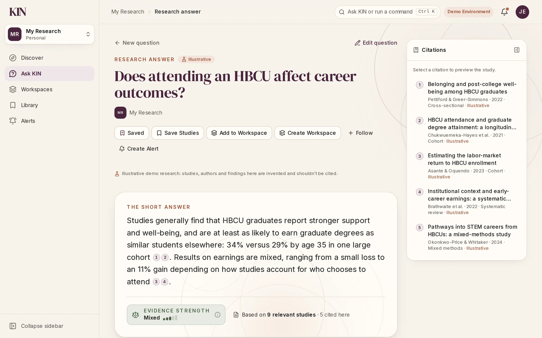 KIN web app research answer to “Does attending an HBCU affect career outcomes?”: a short answer with inline citations, mixed evidence strength from 9 relevant studies, and a citations panel listing five studies.