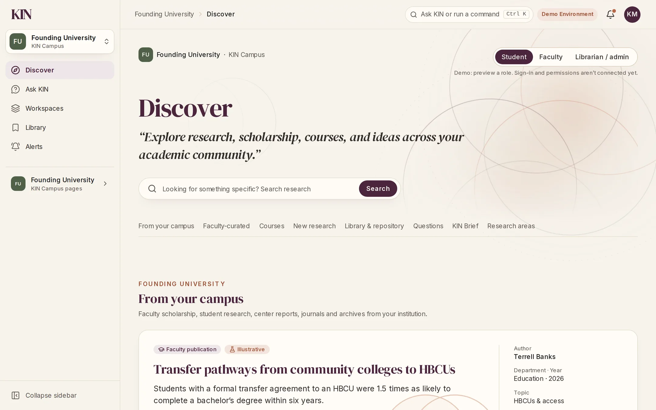KIN Campus Discover for an example university: research, courses and questions from the campus, with a faculty publication featured under “From your campus”.