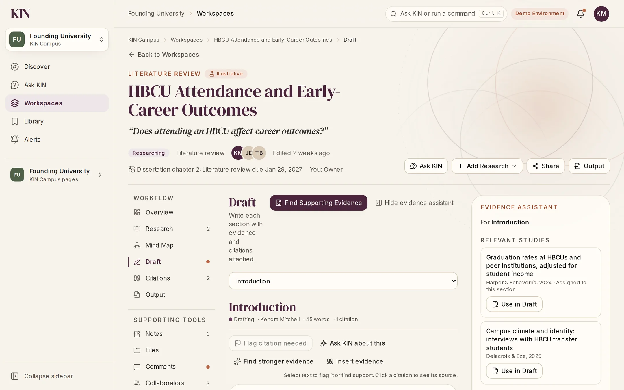 KIN workspace Draft for a dissertation literature review: the Introduction section with tools to flag a citation, ask KIN and find stronger evidence, beside an evidence assistant suggesting relevant studies.