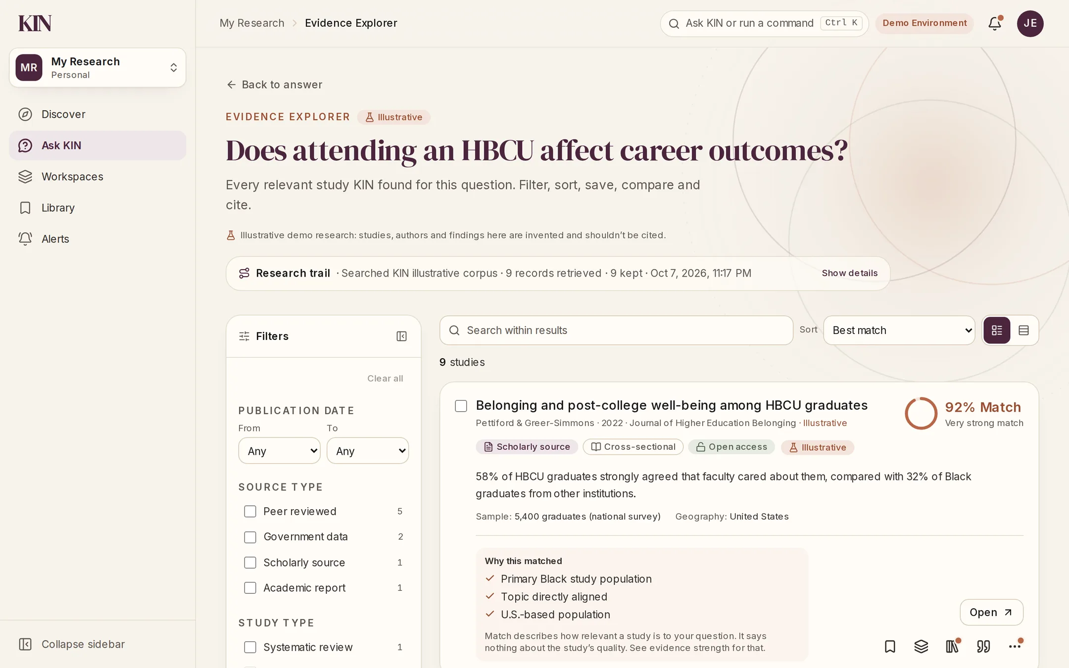KIN Evidence Explorer: filters for publication date, source type and study type beside a study card with a 92% Match Score, its key finding, sample, and why it matched.