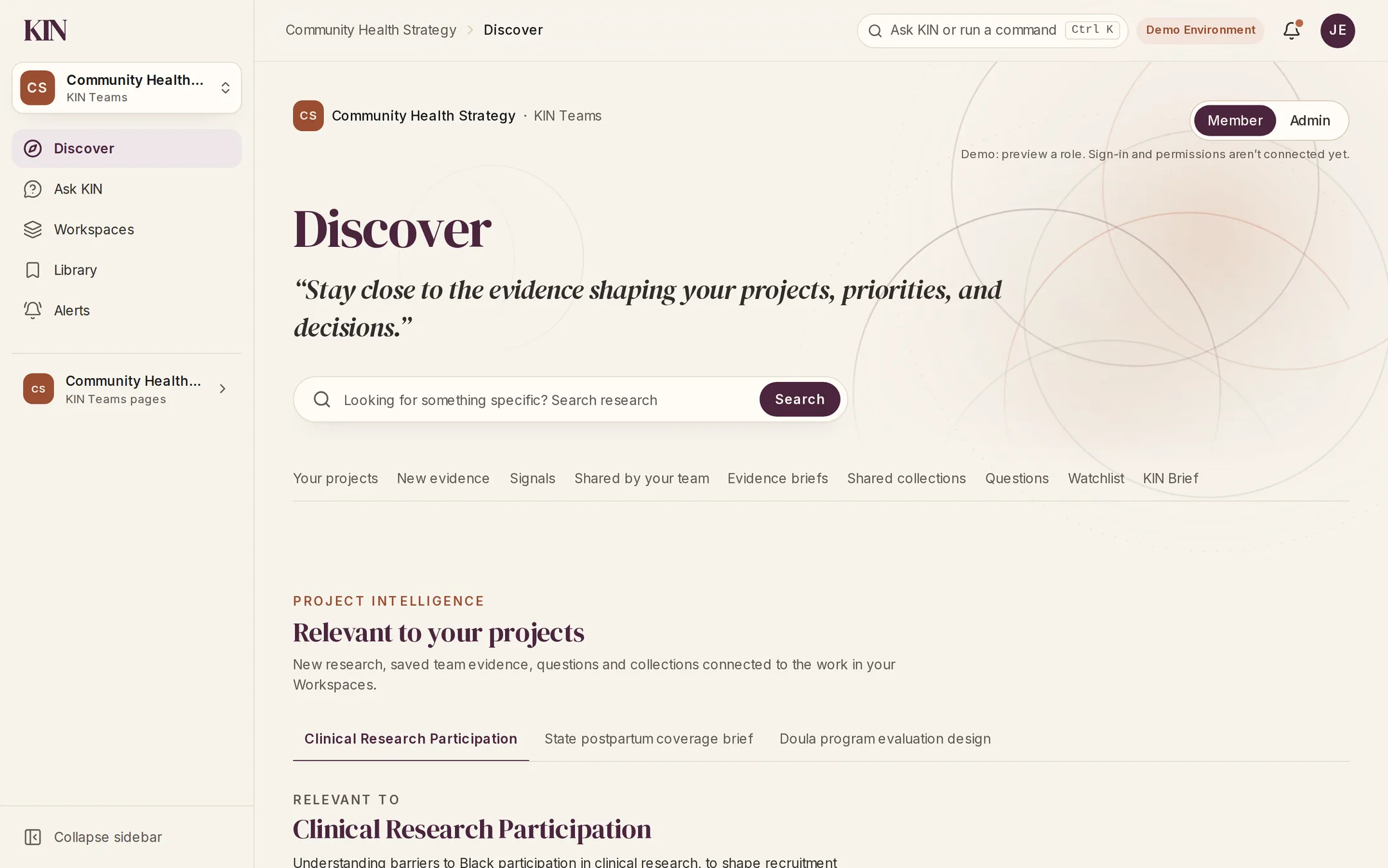 KIN Teams Discover for an example organization: project intelligence showing new research relevant to the team’s projects.